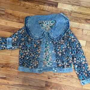 Floral Denim Women's Jacket with Large Collar